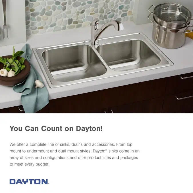 DDW50233223_4 Dayton® Stainless Steel 33" x 22" x 7-1/16" Equal Double Bowl Drop-in Sink (50 Pack)