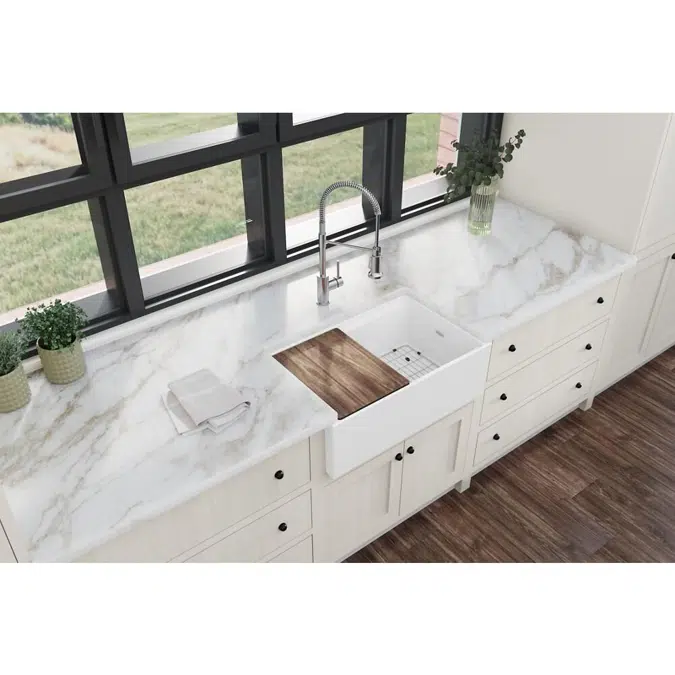 SWUF13018CBWH Fireclay 30" x 18-13/16" x 9-5/8" Single Bowl Farmhouse Workstation Sink Kit White