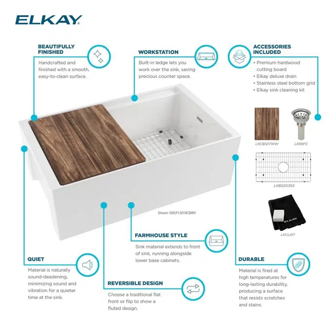 SWUF13018CBWH Fireclay 30" x 18-13/16" x 9-5/8" Single Bowl Farmhouse Workstation Sink Kit White