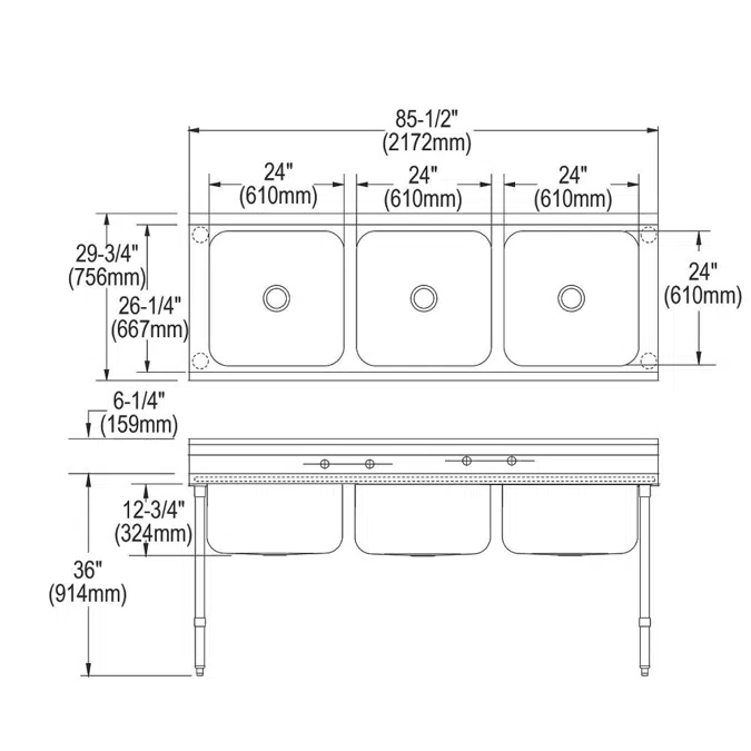 RNSF83724 Elkay Rigidbilt® Stainless Steel 85-1/2" x 29-3/4" x 12-3/4" Floor Mount Triple Compartment Scullery Sink