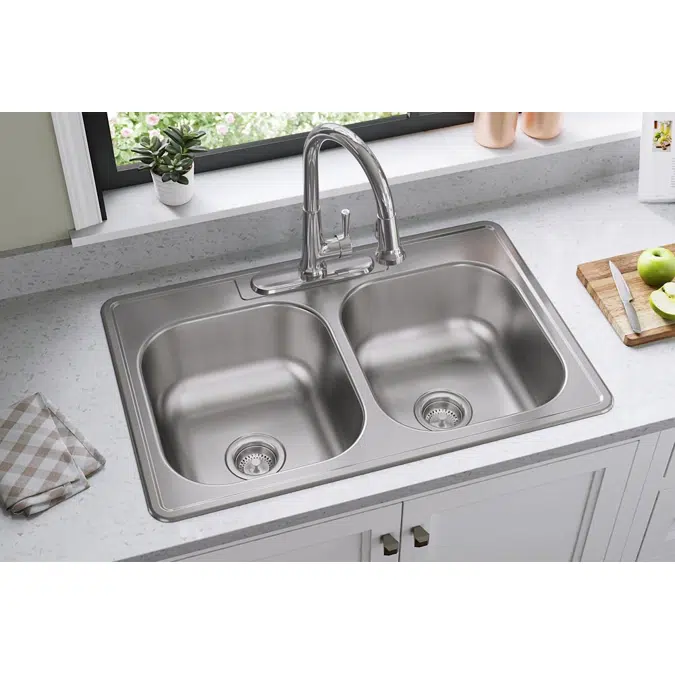 DSE233223 Dayton® Stainless Steel 33" x 22" x 8-1/16" 3-Hole Equal Double Bowl Drop-in Sink