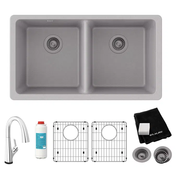 ELGU3322GS0FLC Quartz Classic® 33" x 18-1/2" x 9-1/2" Equal Double Bowl Undermount Sink Kit with Filtered Faucet