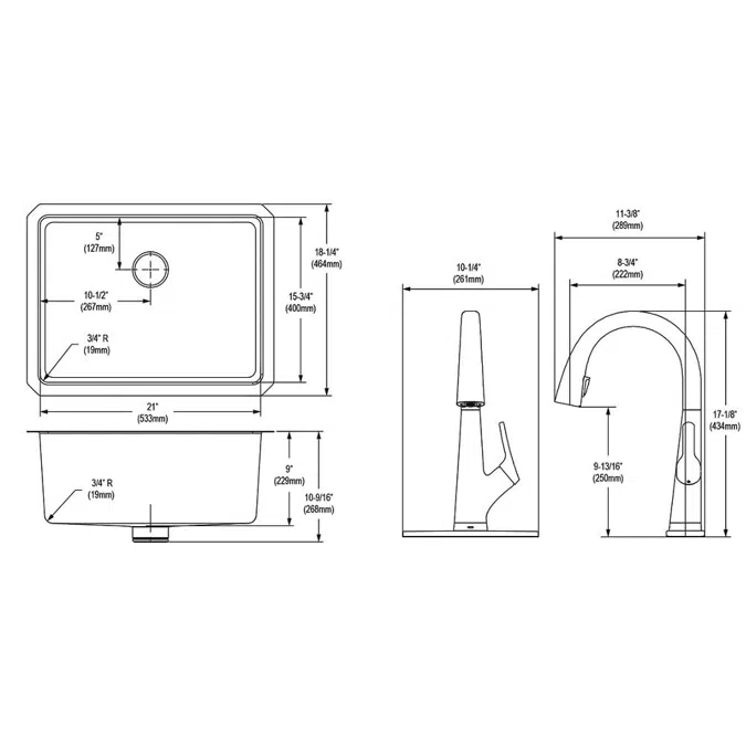 ELUHH2115TPDFLC Lustertone Iconix® 16 Gauge Stainless Steel 23-1/2" x 18-1/4" x 9" Single Bowl Undermount Sink Kit with Filtered Faucet with Perfect Drain®