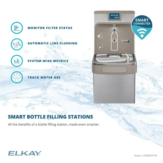 LZS8WSSP-W1 Elkay Enhanced Connected ezH2O® Bottle Filling Station & Single ADA Cooler Refrigerated Stainless High Capacity Lead Reduction Quick Filter Change