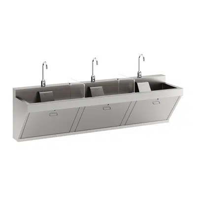 afbeelding voor EWSF390263TSG Stainless Steel 90"x23"x26" Triple Station Surgical Scrub Sink Kit w/ Zurn TMV Faucet +Drain+SplashBlock™