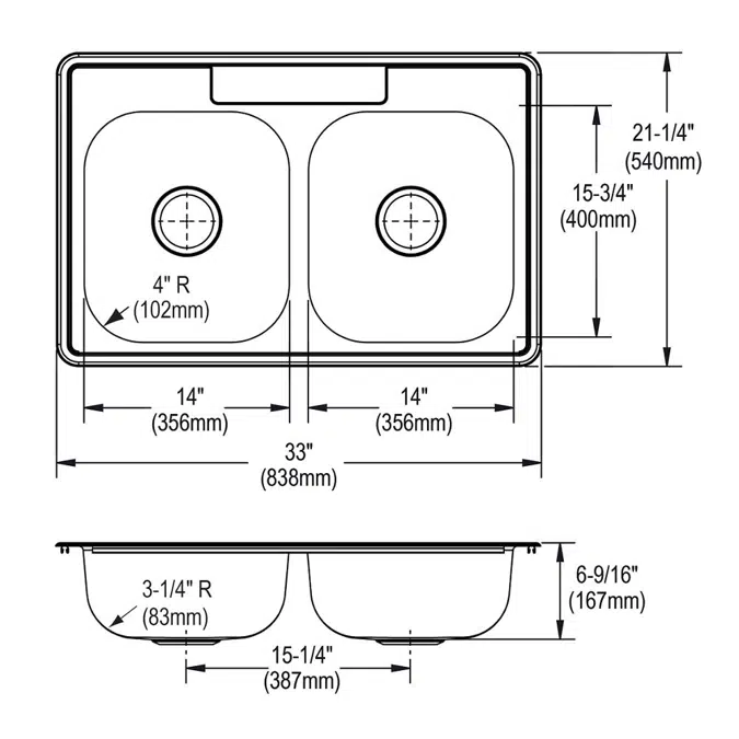 D233211_5_MR2 Dayton® Stainless Steel 33" x 21-1/4" x 6-9/16" Equal Double Bowl Drop-in Sink