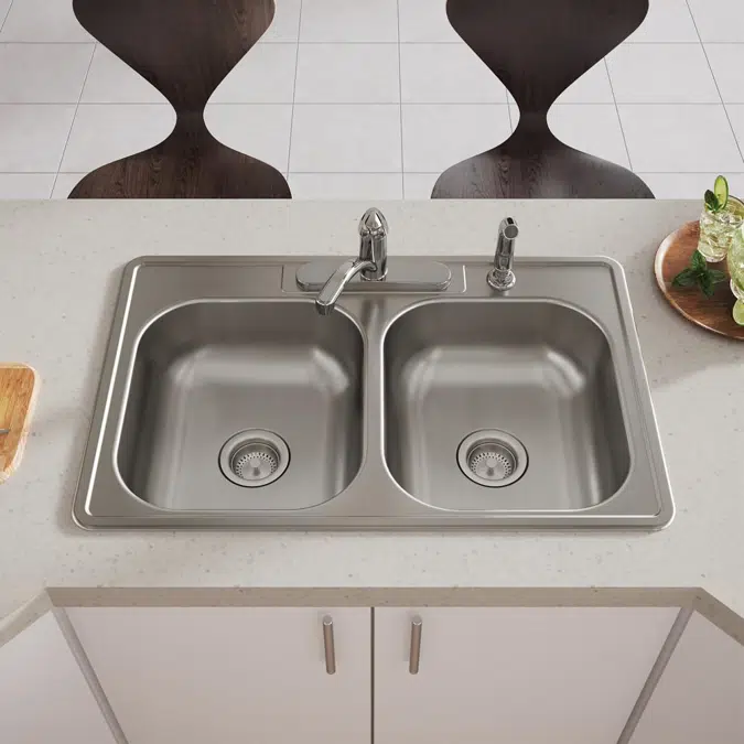 D233211_5_MR2 Dayton® Stainless Steel 33" x 21-1/4" x 6-9/16" Equal Double Bowl Drop-in Sink