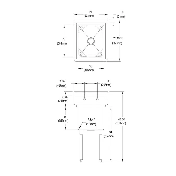 14-1C16X20-0X Elkay® Dependabilt™ Stainless Steel 21" x 25-13/16" x 43-3/4" 16 Gauge One Compartment Sink with Stainless Steel Legs