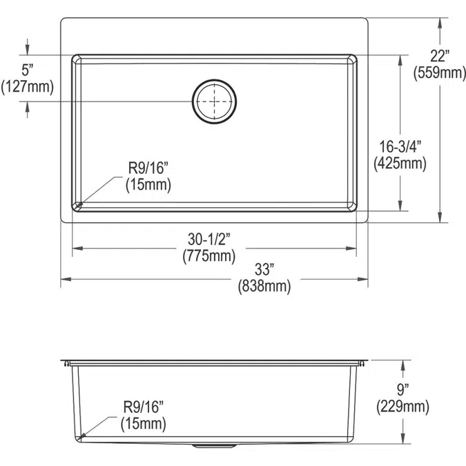 ECTSRS33229TBG1_5_FR2 Crosstown® 18 Gauge Stainless Steel 33" x 22" x 9" Single Bowl Dual Mount Sink Kit