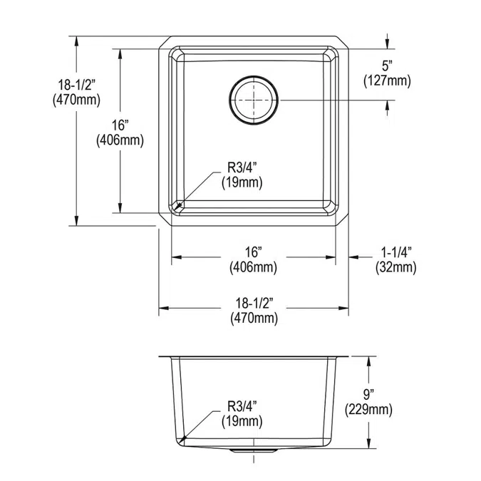 ELUH1616T Lustertone Iconix® 18 Gauge Stainless Steel 18-1/2" x 18-1/2" x 9" Single Bowl Undermount Sink