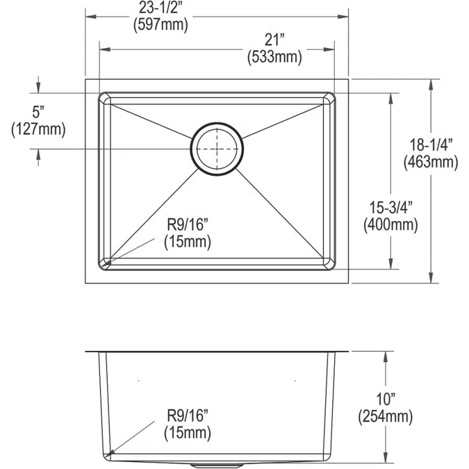 EFRU211510T Elkay Crosstown® 16 Gauge Stainless Steel 23-1/2" x 18-1/4" x 10" Single Bowl Undermount Sink
