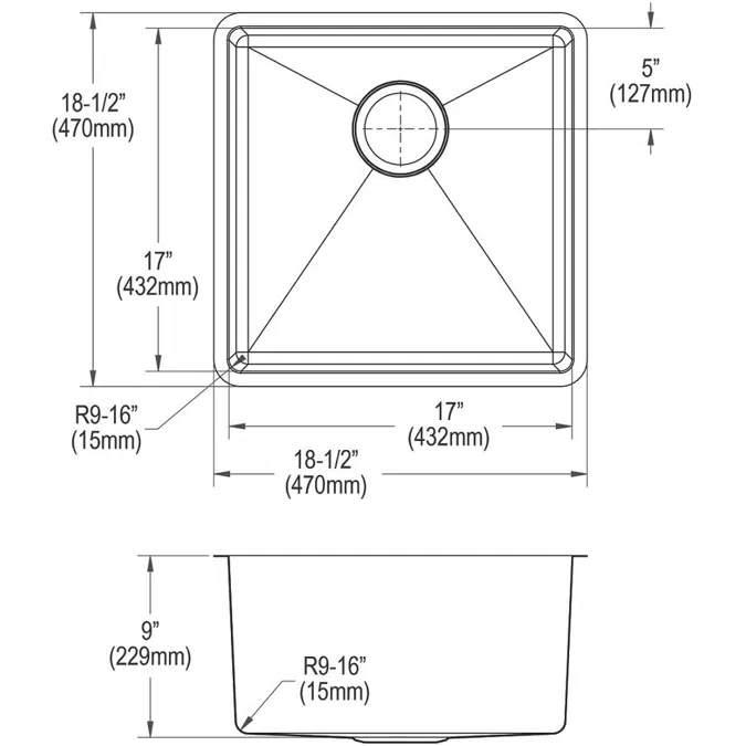 ECTRU17179T Elkay Crosstown® 18 Gauge Stainless Steel 18-1/2" x 18-1/2" x 9" Single Bowl Undermount Sink