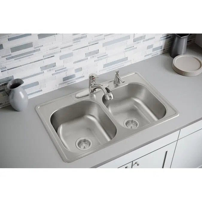 DSE233211_5_MR2 Dayton® Stainless Steel 33" x 21-1/4" x 8-1/16" Equal Double Bowl Drop-in Sink
