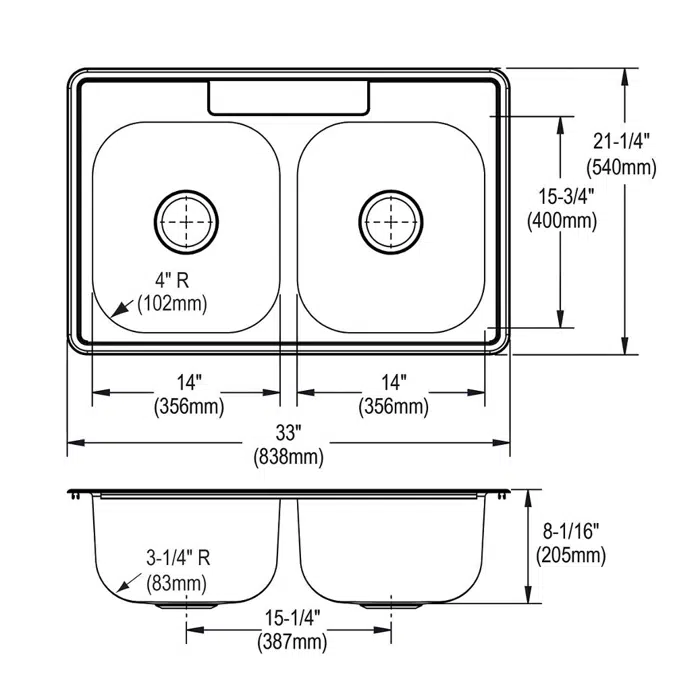 DSE233211_5_MR2 Dayton® Stainless Steel 33" x 21-1/4" x 8-1/16" Equal Double Bowl Drop-in Sink