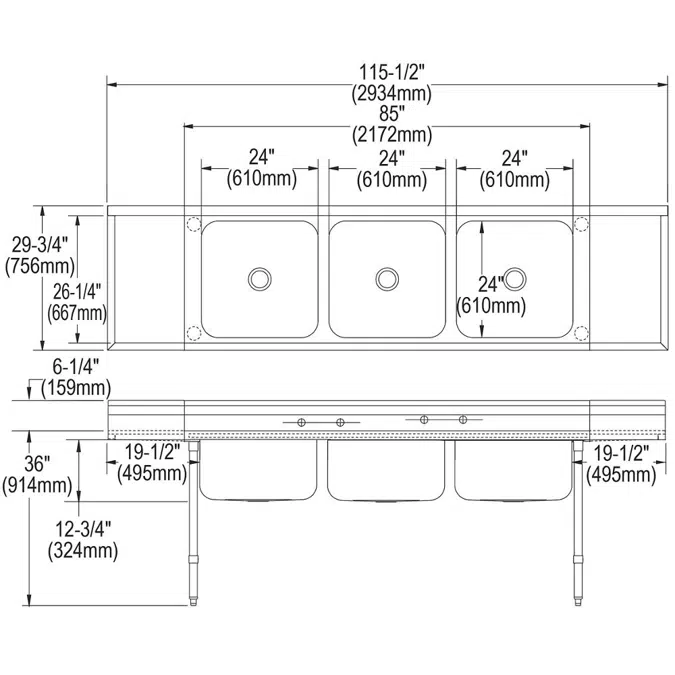 RNSF8372LR4 Elkay Rigidbilt® Stainless Steel 115-1/2" x 29-3/4" x 14" Floor Mount Triple Compartment Scullery Sink w/ Drainboard