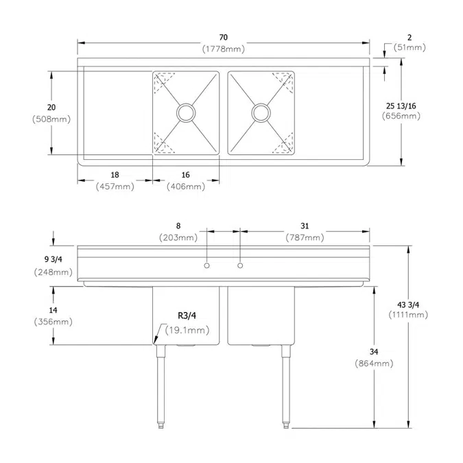 14-2C16X20-2-18X Dependabilt™ Stainless Steel 70" x 25-13/16" x 43-3/4" 16 Ga. Two comp Sink w/18" LR Drainboards+Stainless Steel Legs