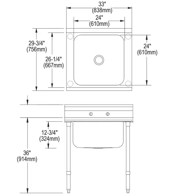 RNSF81242 Elkay Rigidbilt® Stainless Steel 33" x 29-3/4" x 12-3/4" Floor Mount Single Compartment Scullery Sink