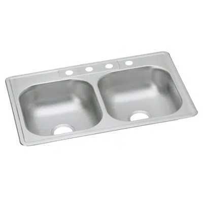D233224 Dayton® Stainless Steel 33" x 22" x 6-9/16" Equal Double Bowl Drop-in Sink için görüntü