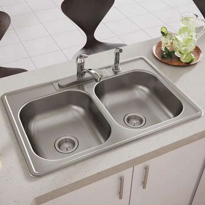 D233224 Dayton® Stainless Steel 33" x 22" x 6-9/16" 4-Hole Equal Double Bowl Drop-in Sink