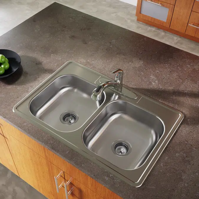 D233224 Dayton® Stainless Steel 33" x 22" x 6-9/16" 4-Hole Equal Double Bowl Drop-in Sink