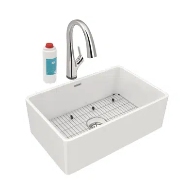 imagen para SWUF28179WHFLC Fireclay 30" x 19-15/16" x 9-1/8" Single Bowl Farmhouse Sink Kit with Filtered Faucet