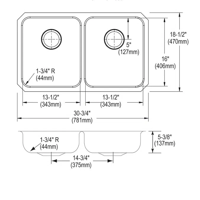 ELUHAD311855 Elkay Lustertone® Classic Stainless Steel, 30-3/4" x 18-1/2" x 5-3/8" Equal Double Bowl Undermount ADA Sink