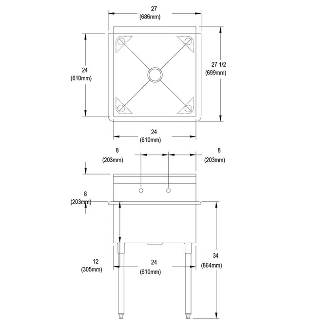 B1C24X24X Elkay® Dependabilt™ Stainless Steel 27" x 27-1/2" x 42" 18 Gauge One Compartment Budget Sink with Stainless Steel Legs