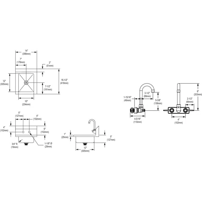 EHS-14X Elkay® Stainless Steel 14" x 16-1/2" x 11" 18 Gauge Hand Sink with Faucet
