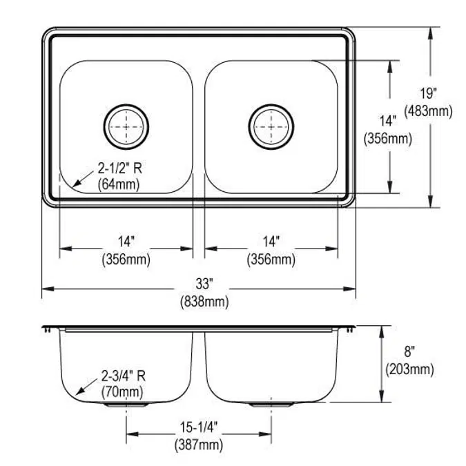 DSE233191_4 Dayton® Stainless Steel 33" x 19" x 8" Equal Double Bowl Drop-in Sink