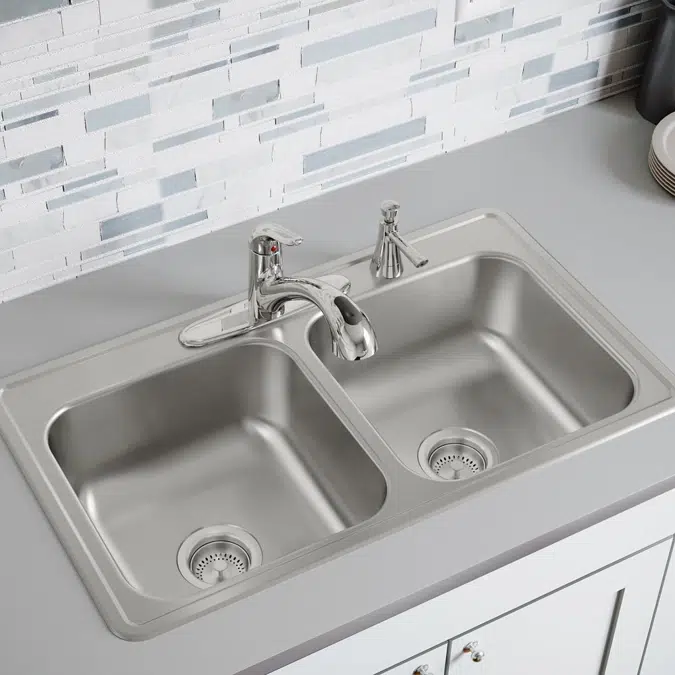 DSE233191_4 Dayton® Stainless Steel 33" x 19" x 8" Equal Double Bowl Drop-in Sink