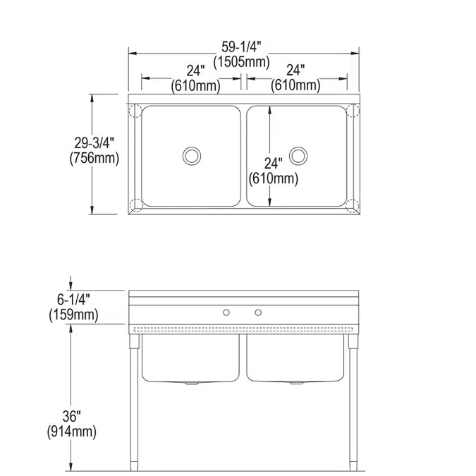 RNSF82482 Elkay Rigidbilt® Stainless Steel 59-1/4" x 29-3/4" x 12-3/4" Floor Mount Double Compartment Scullery Sink