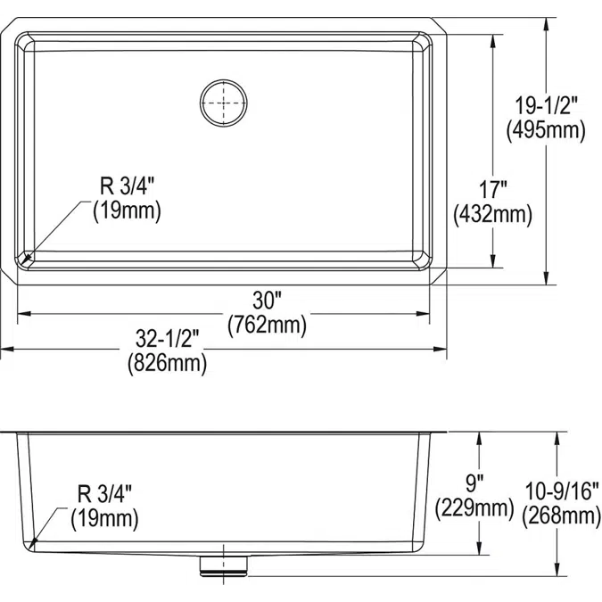 ELUHH3017TPD Lustertone Iconix® 16 Gauge Stainless Steel, 32-1/2" x 19-1/2" x 9" Single Bowl Undermount Sink with Perfect Drain®