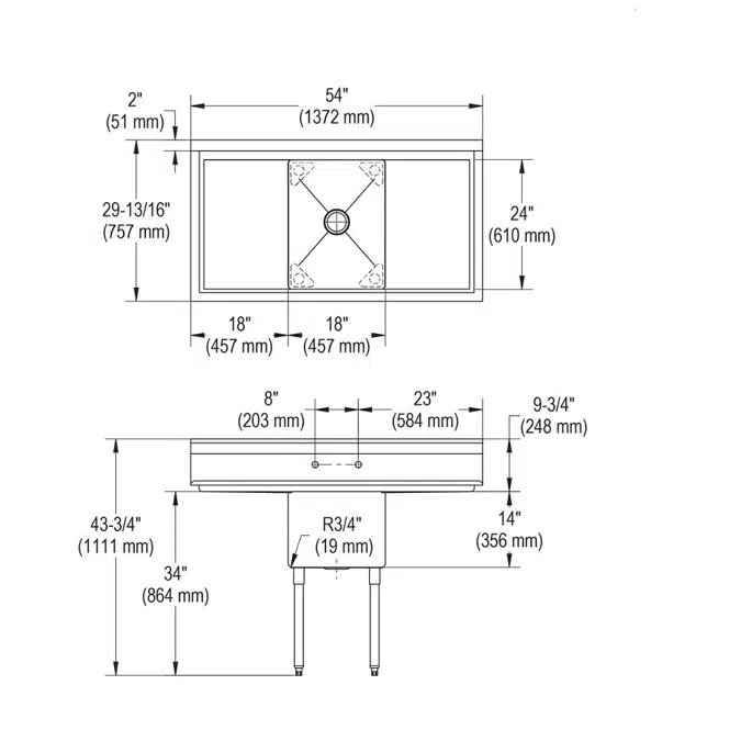 14-1C18X24-2-18X Dependabilt™ Stainless Steel 54" x 29-13/16" x 43-3/4" 16 Gauge One Compartment Sink w/ 18" Left and Right Drainboards and Stainless Steel Legs
