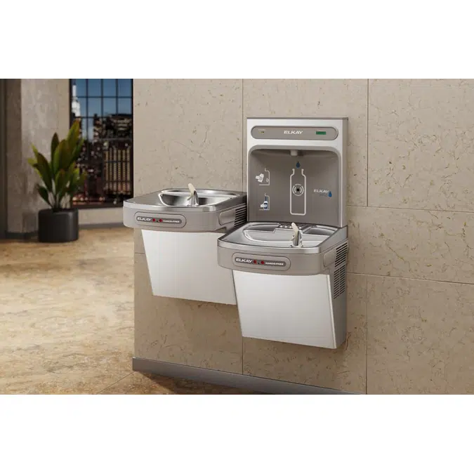 LZOOTL8WSLK with LZOOTL8WSSK Elkay ezH2O®  Bottle Filling Station with Bi-Level ADA Cooler Dual Hands Free Activation Filtered Refrigerated Light Gray