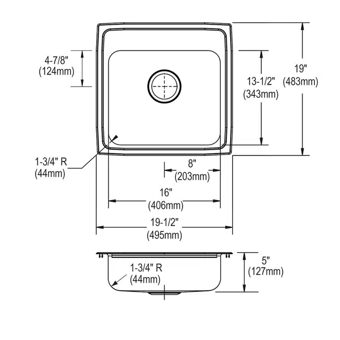 LRAD1919501_3_MR2_OS4 Elkay Lustertone® Classic Stainless Steel 19-1/2" x 19" x 5" Single Bowl Drop-in ADA Sink