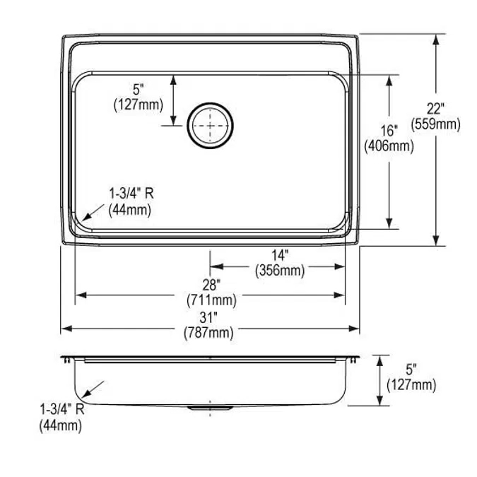 LRAD3122503 Elkay Lustertone® Classic Stainless Steel 31" x 22" x 5" 3-Hole Single Bowl Drop-in ADA Sink