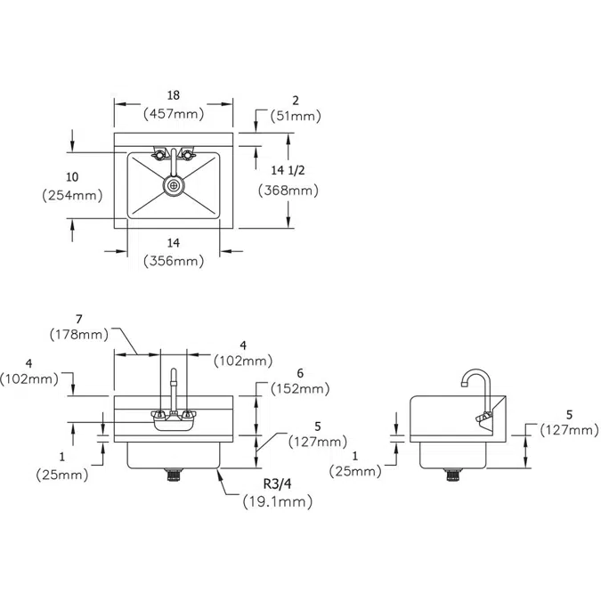 EHS-18-SSX Elkay® Stainless Steel 18" x 14-1/2" x 11" 18 Gauge Hand Sink with Dual Side Splashes and Faucet