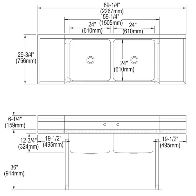 RNSF8248LR2 Elkay Rigidbilt® Stainless Steel 89-1/4" x 29-3/4" x 12-3/4" Floor Mount Double Compartment Scullery Sink Drainboard
