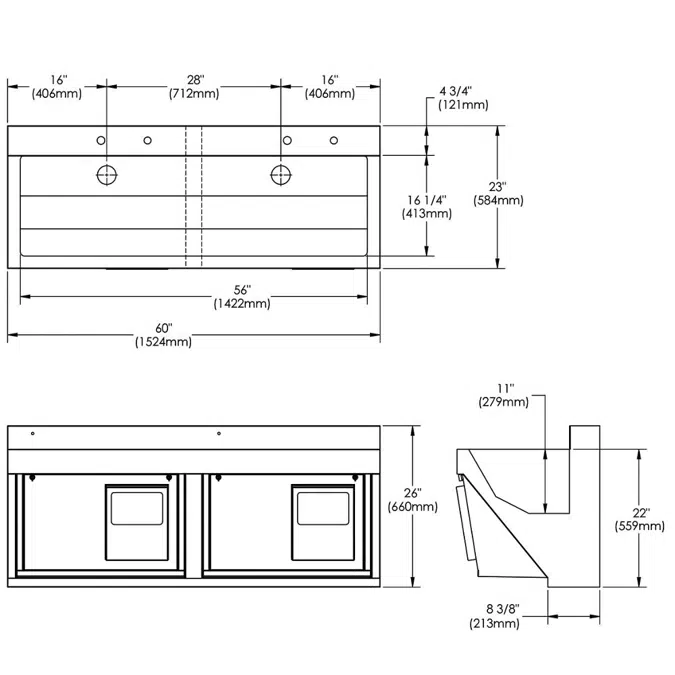 EWSF26026KWC Elkay Stainless Steel 60" x 23" x 26" Wall Hung Double Station Surgeon Scrub Sink Kit w/Water Knee Activation