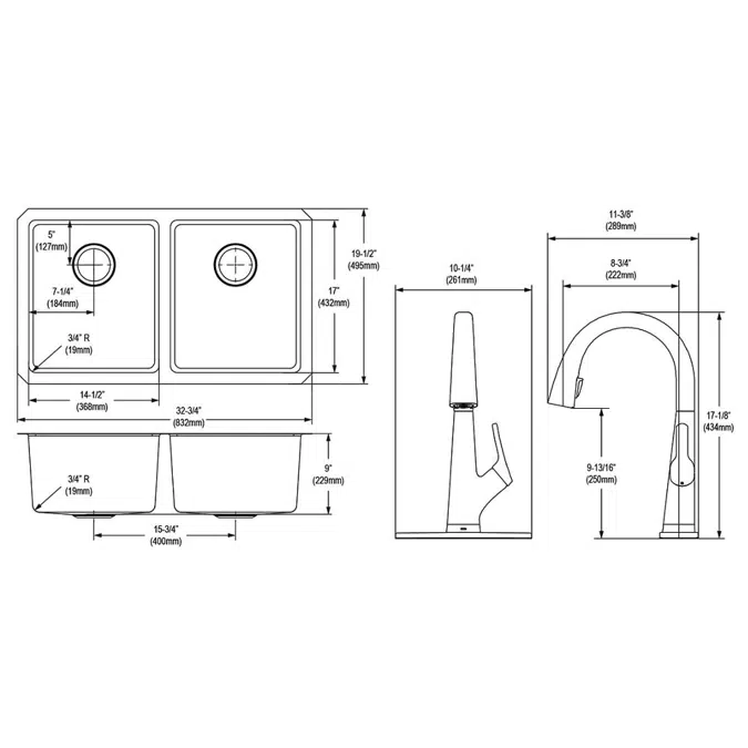 ELUH3118TFLC Lustertone Iconix® 18 Gauge Stainless Steel 32-3/4" x 19-1/2" x 9" Double Bowl Undermount Sink Kit with Filtered Faucet