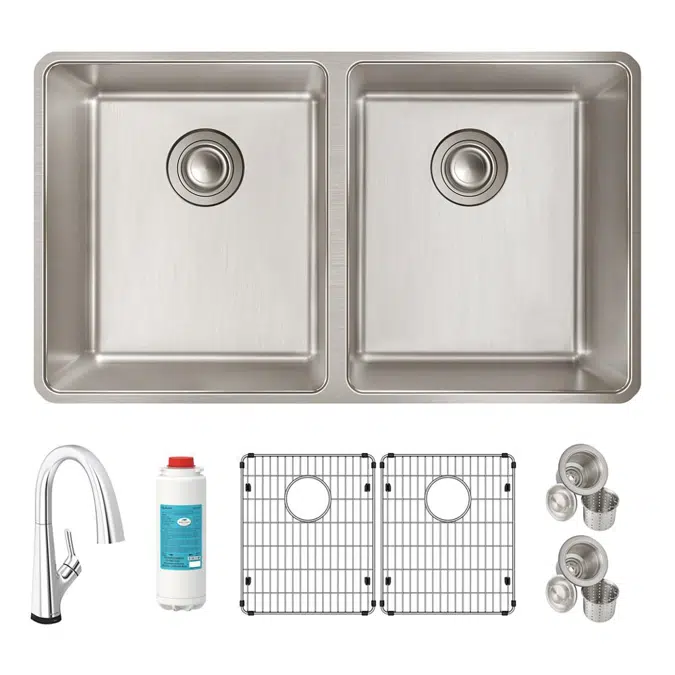 ELUH3118TFLC Lustertone Iconix® 18 Gauge Stainless Steel 32-3/4" x 19-1/2" x 9" Double Bowl Undermount Sink Kit with Filtered Faucet