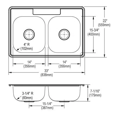 Image for DD233221_5_MR2 Dayton® Stainless Steel 33" x 22" x 7-1/16" Equal Double Bowl Drop-in Sink