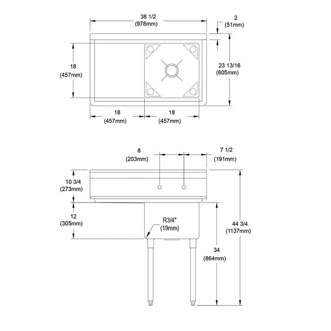1C18X18-R-18X Dependabilt™ Stainless Steel 38-1/2" x 23-13/16" x 44-3/4" 16 Gauge One Compartment Sink w/ 18" Right Drainboard and Stainless Steel Legs