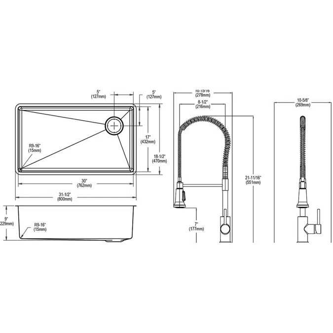 ECTRU30179RTFMC Elkay Crosstown® 18 Gauge Stainless Steel 31-1/2" x 18-1/2" x 9" Single Bowl Undermount Sink & Faucet Kit with Drain
