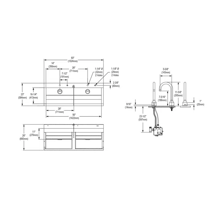 EWSF26026SACC Elkay® Stainless Steel 60" x 23" x 26" Wall Hung Double Station Surgeon Scrub Sink Kit