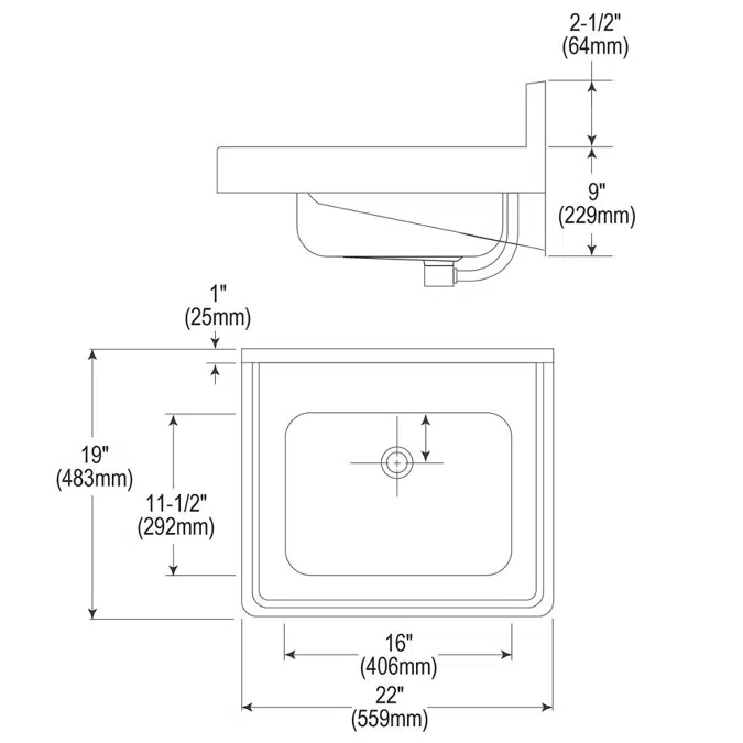 ELVWO2219 (90,91,93, CS3) Elkay® Stainless Steel 22" x 19" x 5-1/2" Wall Hung Lavatory Sink