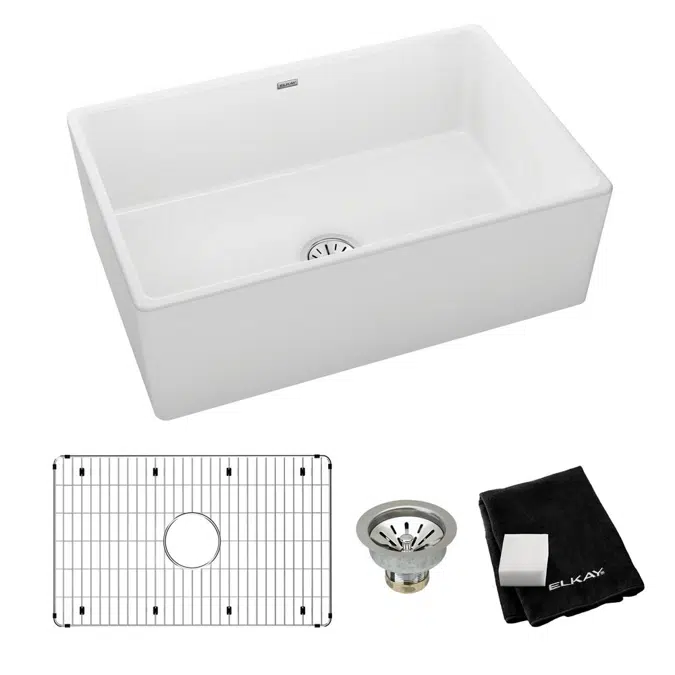 SWUF28179WHC Fireclay 30" x 19-15/16" x 9-1/8" Single Bowl Farmhouse Sink Kit