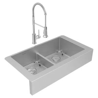 ECTRUFA32179FBC Elkay Crosstown 18 Gauge Stainless Steel 35-7/8" x 20-1/4" x 9", Equal Double Bowl Farmhouse Sink & Faucet Kit with Aqua Divide & Bottom Grid & Drain图像