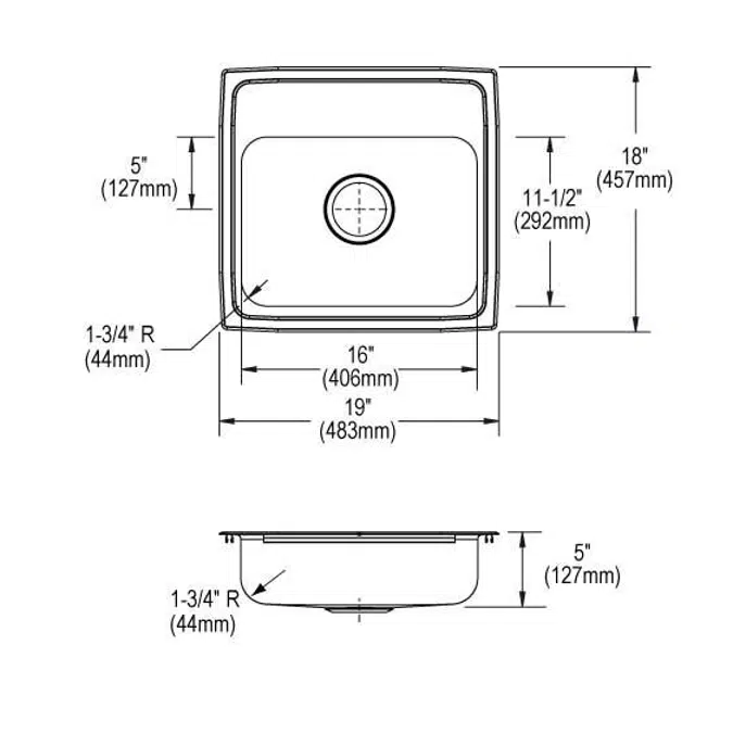 LRAD1918501_3_MR2_OS4 Elkay Lustertone® Classic Stainless Steel 19" x 18" x 5" 2-Hole Single Bowl Drop-in ADA Sink