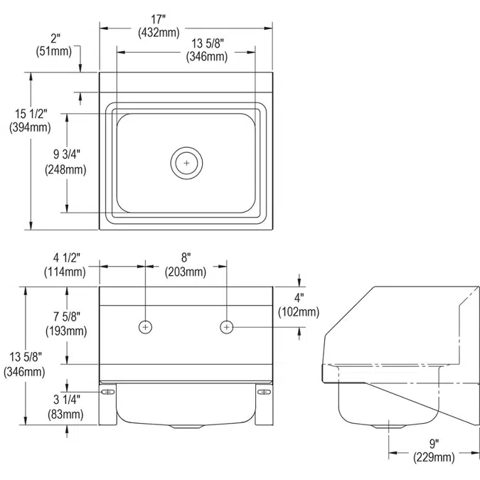 CHS1716LRS2 Elkay Stainless Steel 16-3/4" x 15-1/2" x 13" 2-Hole Single Bowl Wall Hung Handwash Sink w/Side Splashes